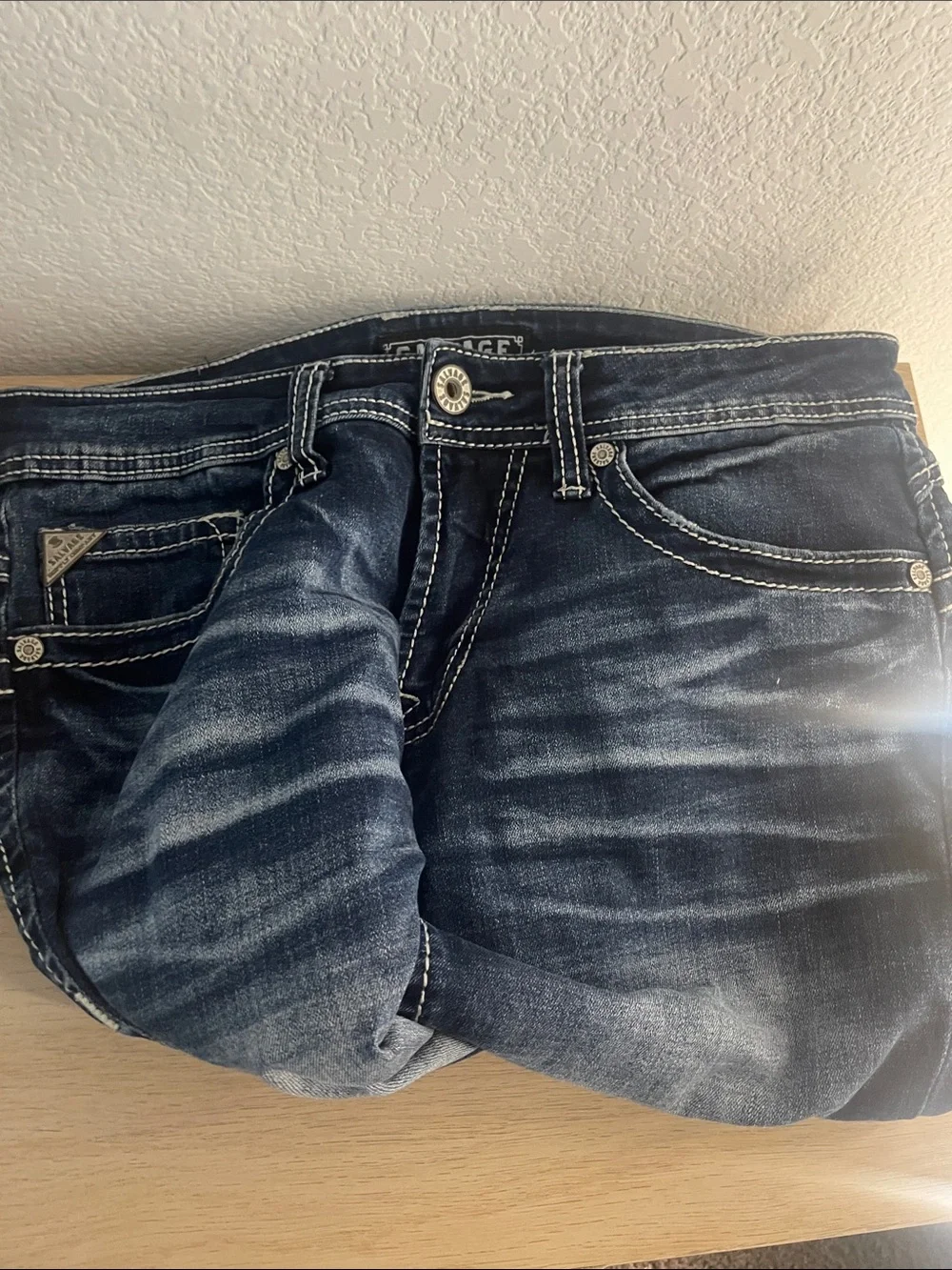 Salvage Men’s Slim Straight Navy Blue Jeans with White Contrast Stitching